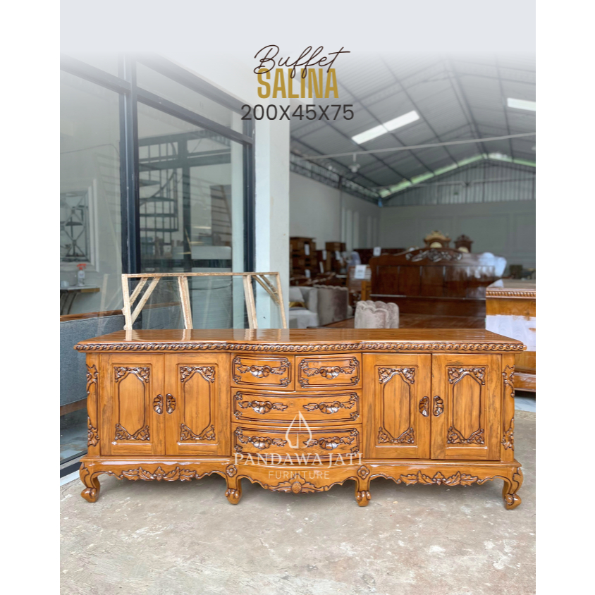 Buffet Salina Ukir Kayu Jati Klasik Elegan – Finishing Natural 200x45x75 cm