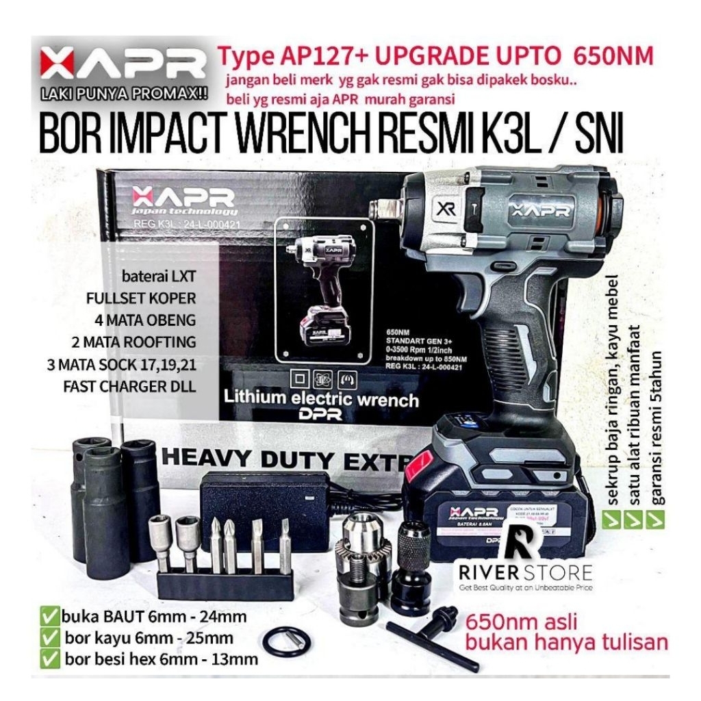 APR bor impact wrench ap127+ torsi 650NM 1 baterai