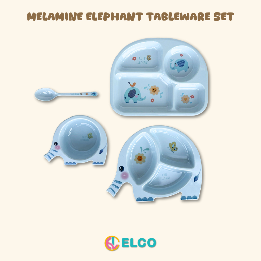 ELCO Premium Melamine Elephant kids tableware set plate bowl cup spoon / alat makan anak premium mel