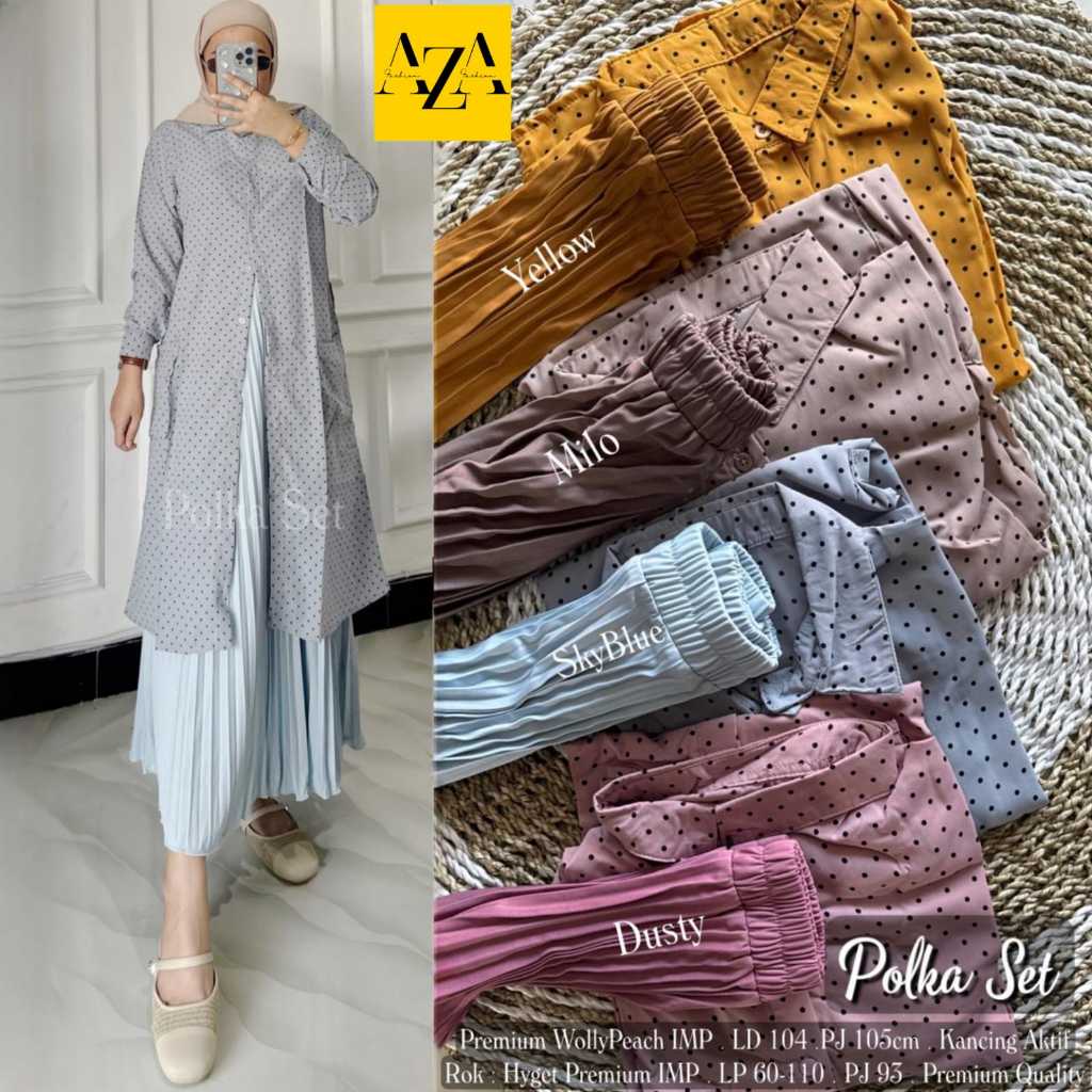 Polka Set Setelan Tunik Polkadot Kancing Aktif Rok Plisket Hyget Premium LD 104 Set Baju Muslim Wani
