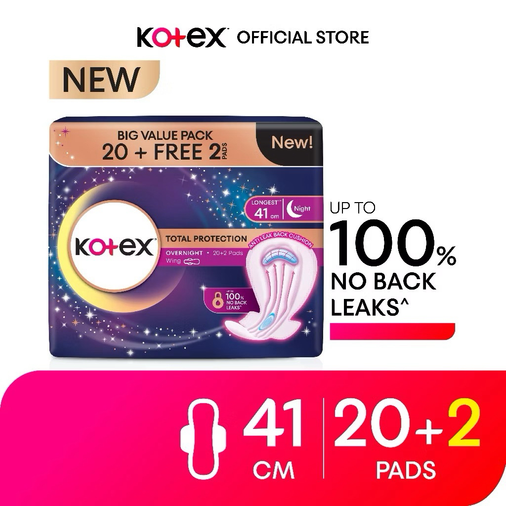 Kotex Total Protection Overnight Wing Pad 41cm - Sanitary Pad that prevents up to 100% No Back Leaks