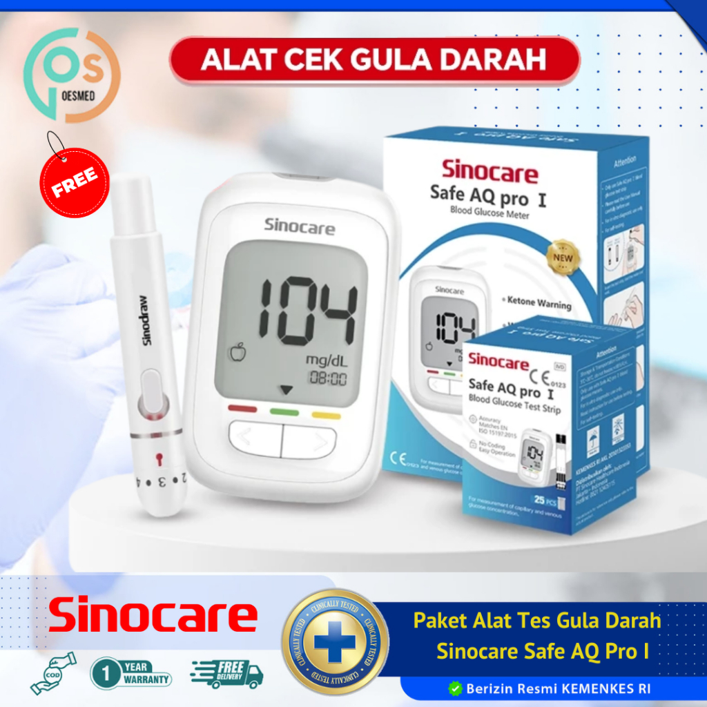 Alat Cek Gula Darah Sinocare Safe AQ Pro 1 Paket Alat Tes Gula Lengkap / Strip Tes Gula (PROMO)