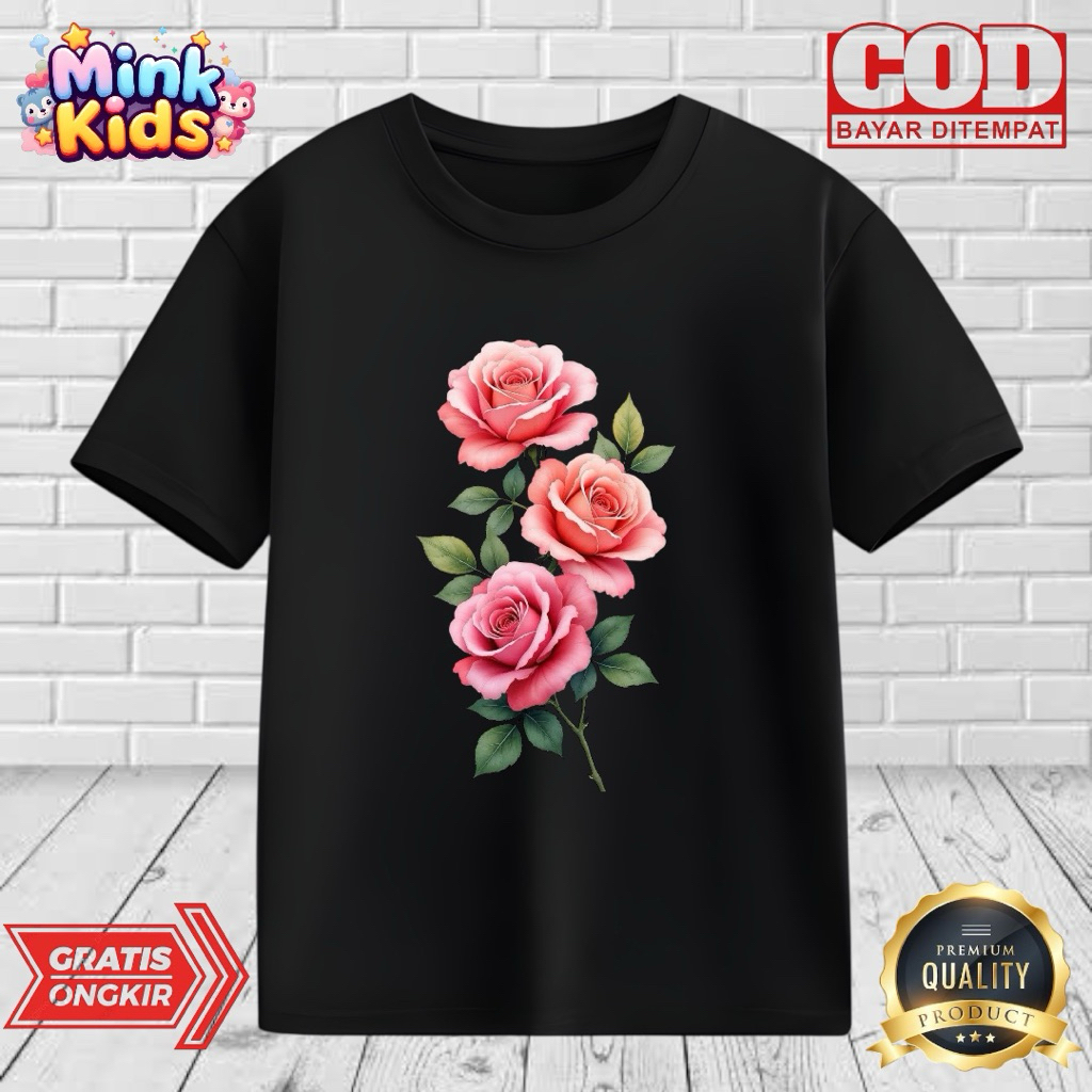 KAOS ANAK MOTIF BUNGA MAWAR USIA 2-9 TAHUN