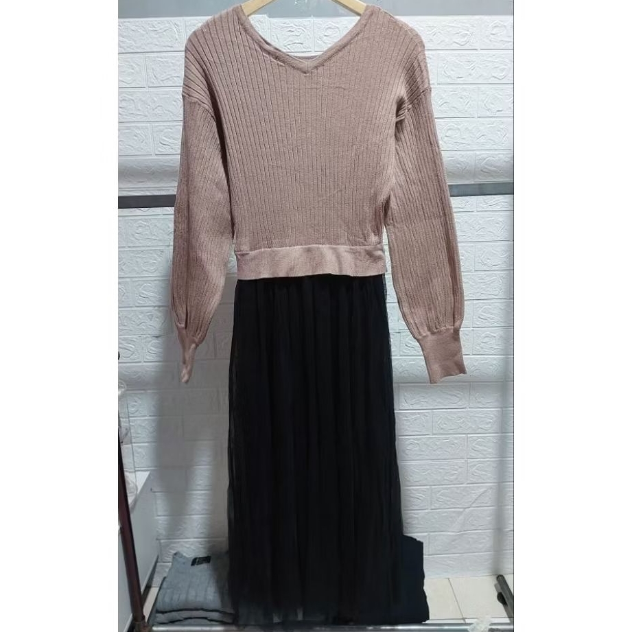 YUMMY GIMES DRESS RAJUT LIDI LENGAN BALON MIX TILE FULL FURING