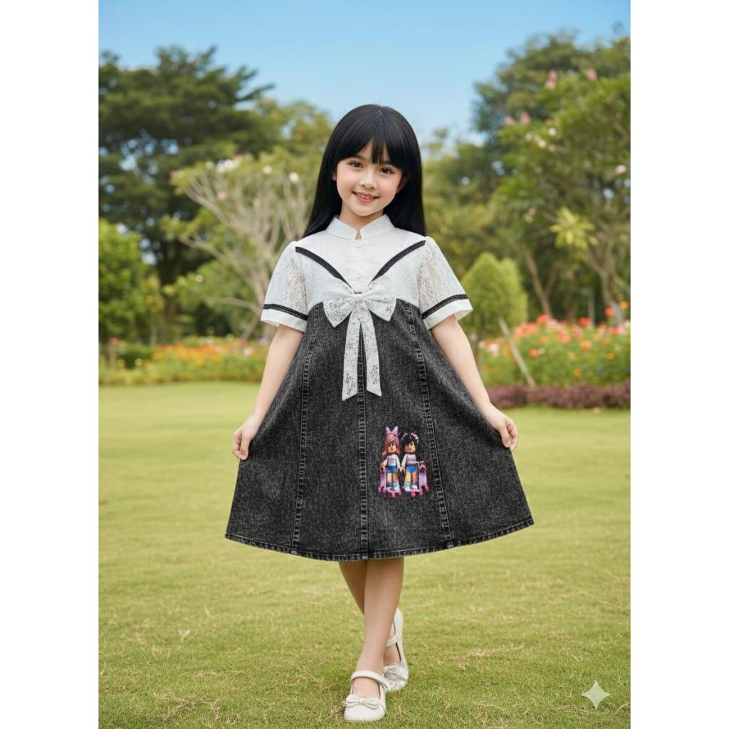 Dress Viral Model Jeans Mikeyla Mix Brokat Untuk Anak Perempuan Usia 3-12 Tahun | Pakaian Premum Ter