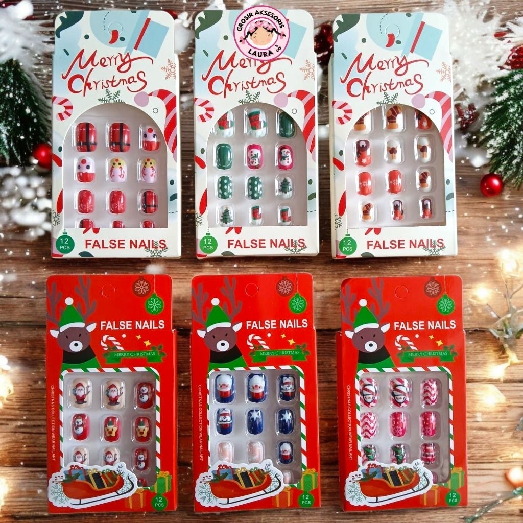Kuku Palsu Edisi Natal Anak Dewasa Fake Nail Art Mainan Xmas Santa Merry Christmas
