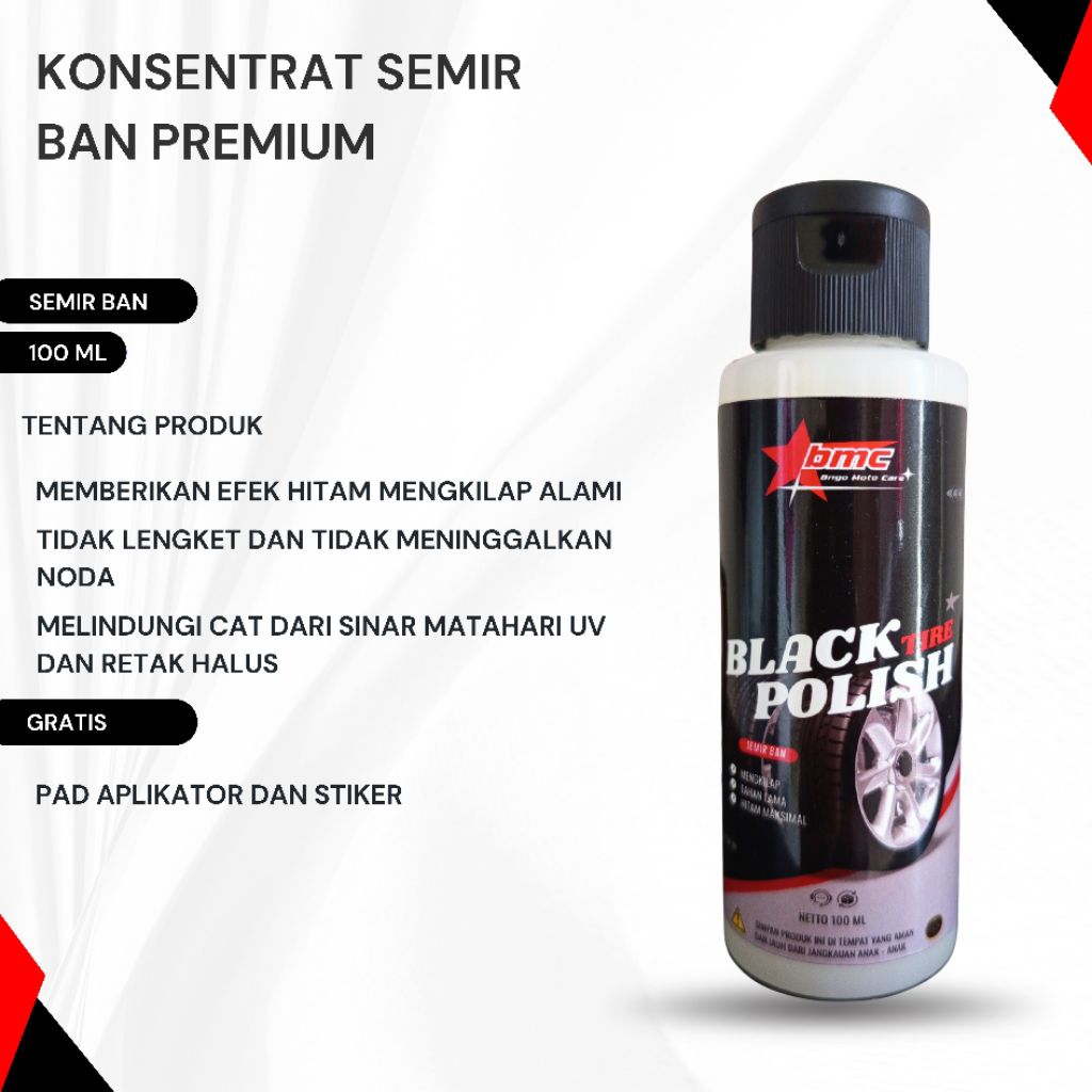 BMC - Black Tire Polish Semir Ban Motor & Mobil - Hitam Mengkilap Anti Kusam | 100mL + Pad Aplikator