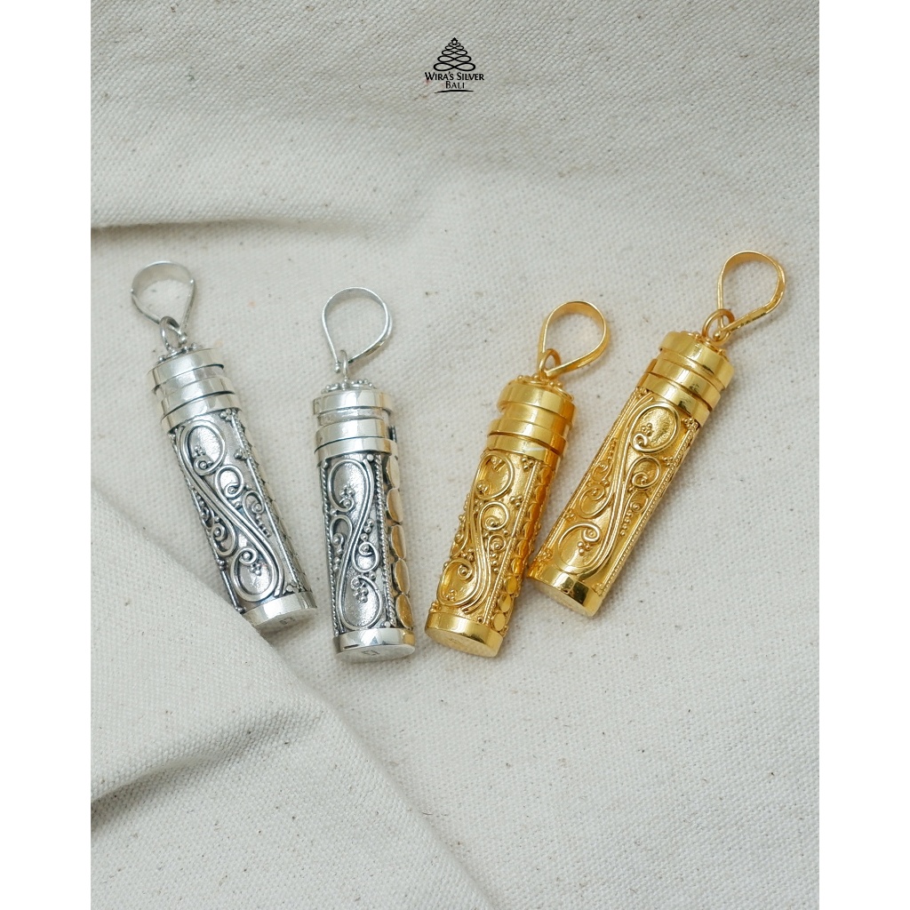 Liontin Perak Tabung Parfum Abu Motif Bun Jawan Perak 925 dan Lapis emas