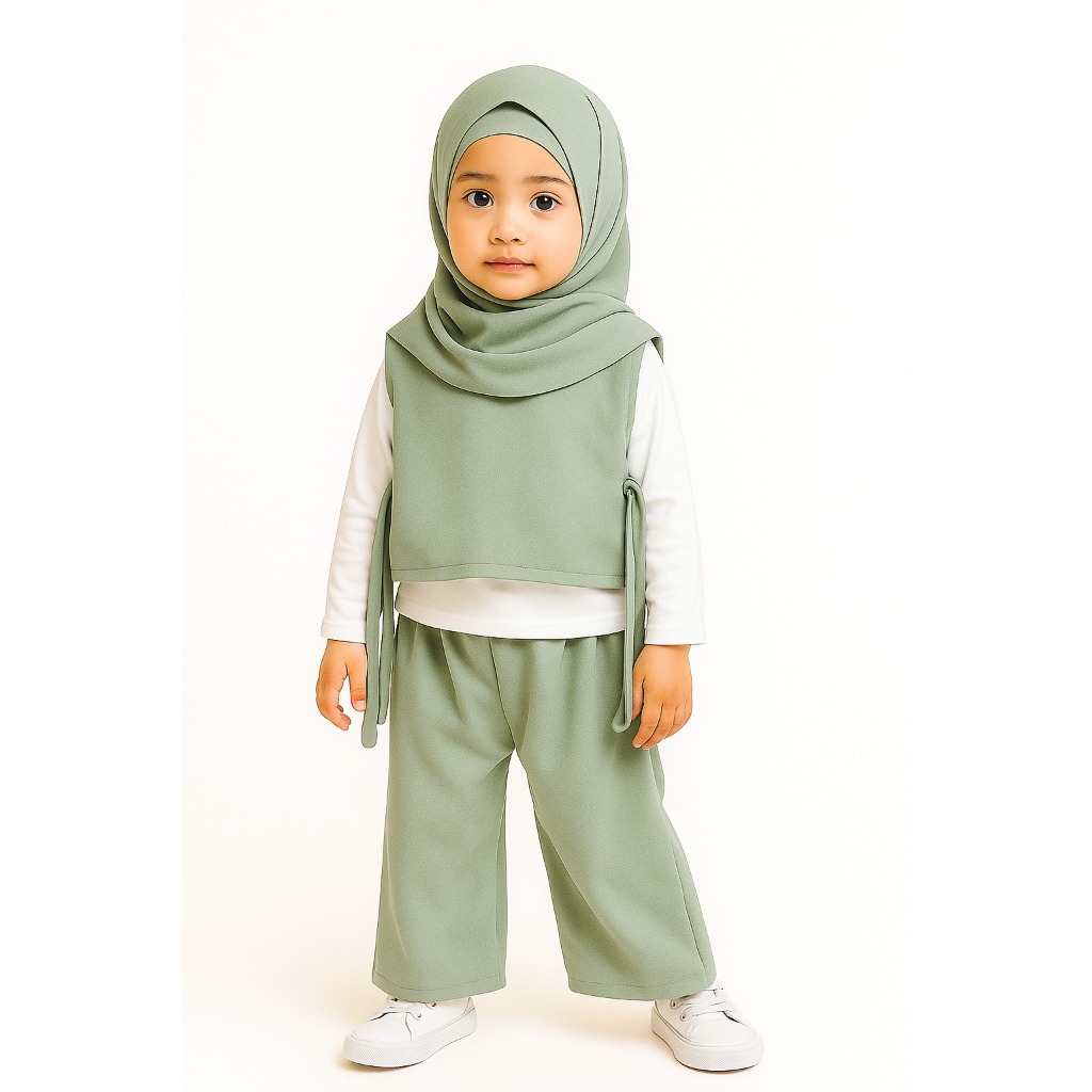 STELAN CHIKA ( BAJU + ROMPI + CELANA ) ANAK PEREMPUAN WARNA SAGE USIA 3 TAHUN - 12 TAHUN