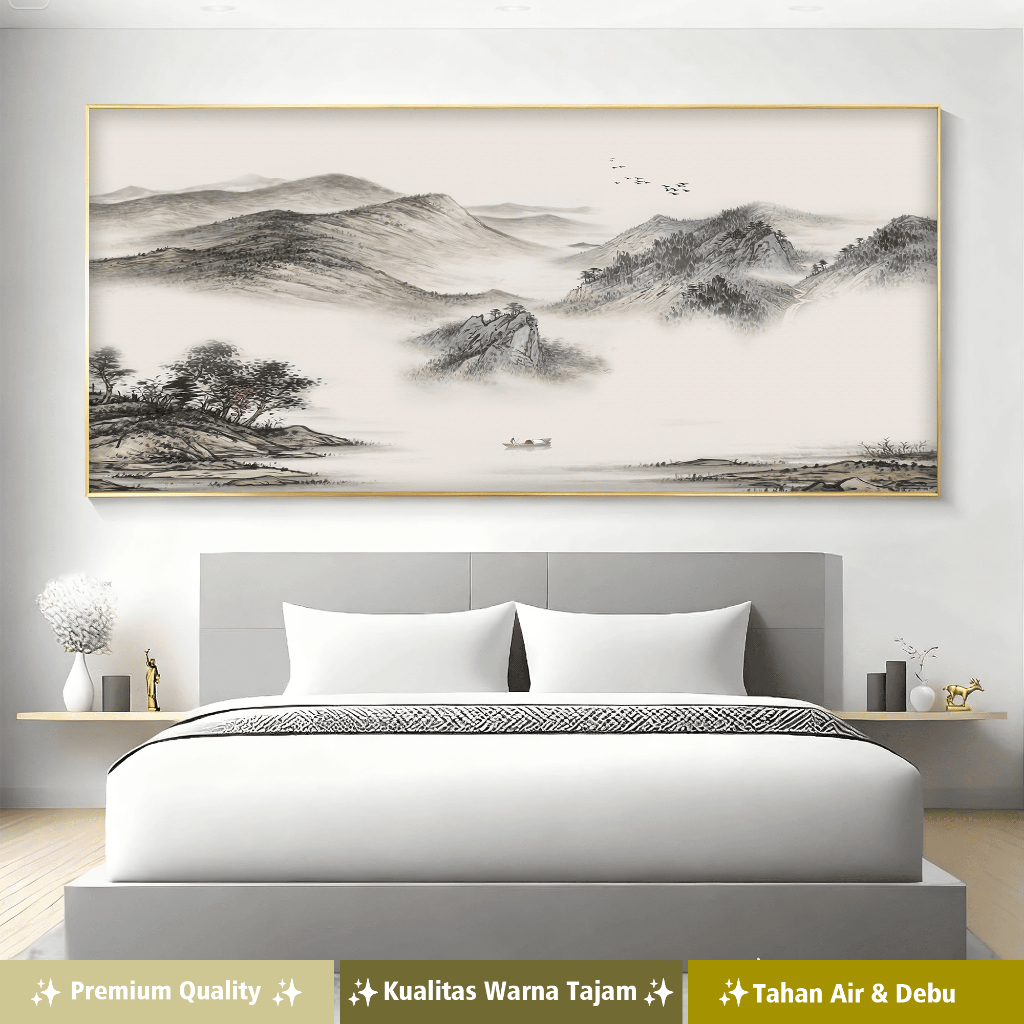DD Hiasan dinding  lukisan canvas + motif pemandangan pegunungan dan sungai
