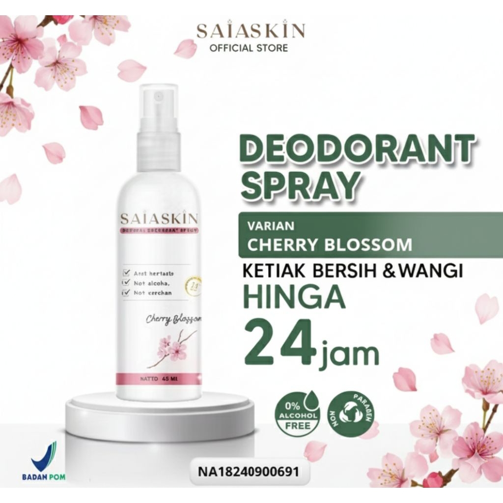 Deodorant spray tawas saia skin alami aroma CHERRYBLOSOM 60ml