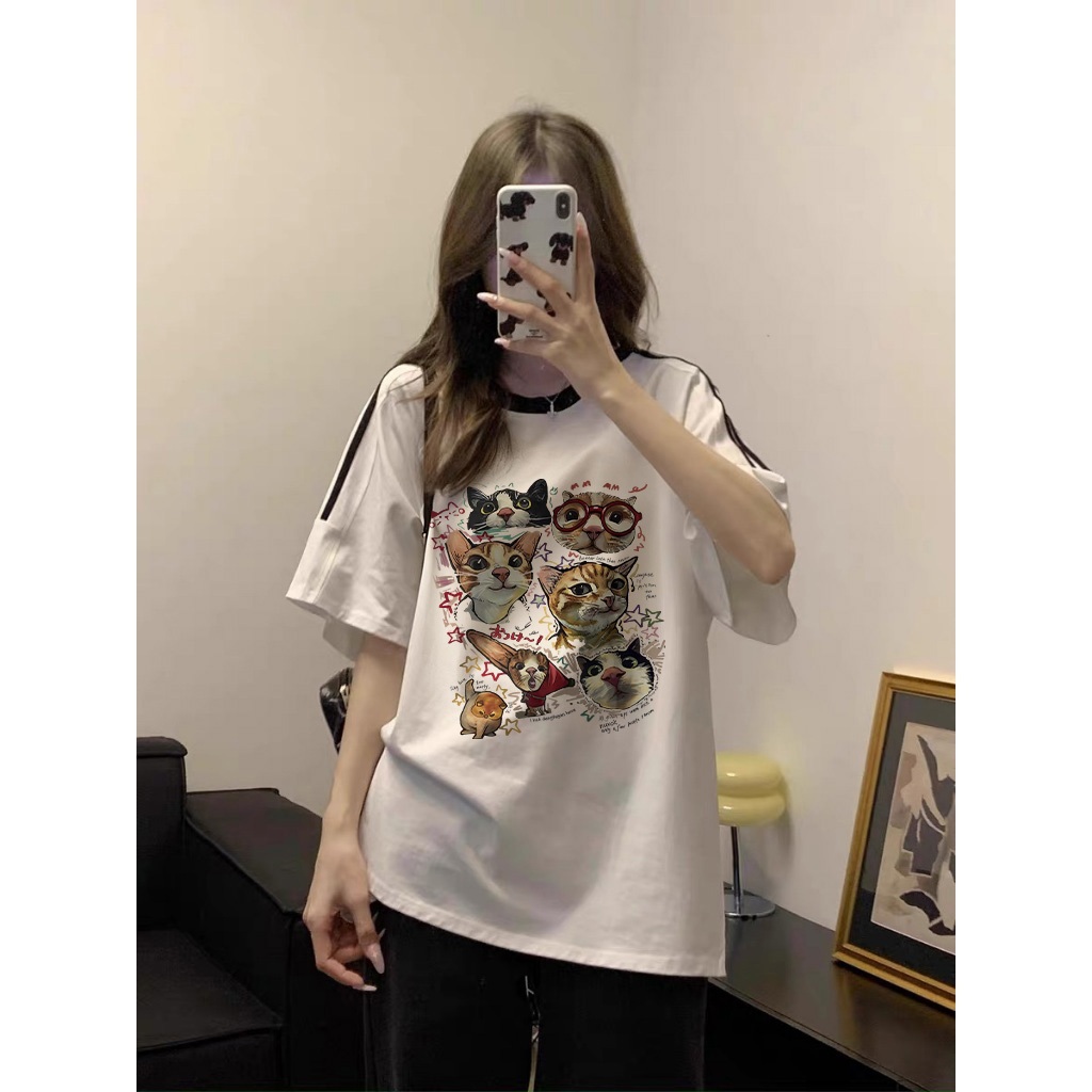 MONSEUR Kaos lengan pendek wanita Korea dengan motif kucing lucu/Atasan wanita kontras hitam dan put