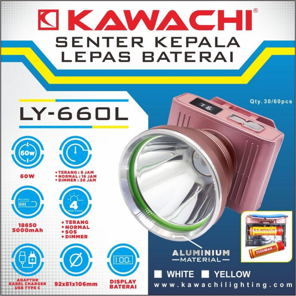 Senter Kepala Kawachi 60Watt Baterai Lithium 5000mAh Dapat Dilepas LY-660L