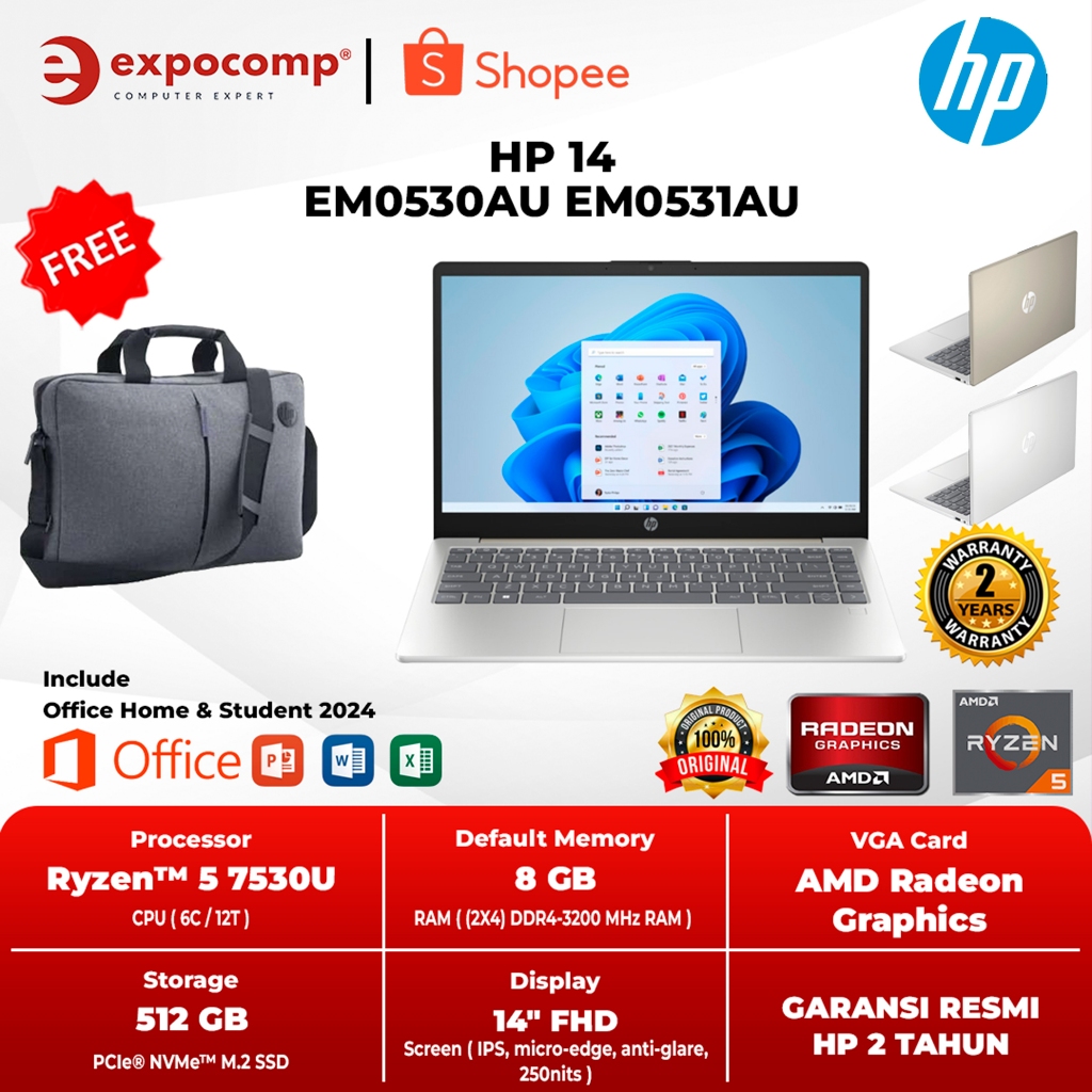Hewlett Packard HP 14-em0530AU 14-em0531AU AMD RYZEN 5-7530U 8GB 512GB WIN 11 HOME + OFFICE HOME 202