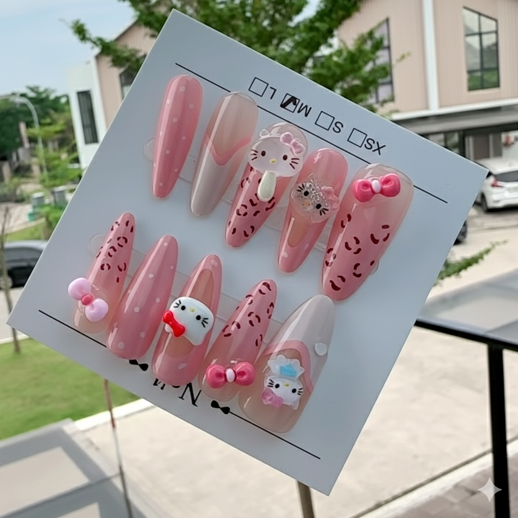 Kuku Palsu Pink Hello Kitty Motif Leopard & Pita Lucu – Isi 10 Pcs