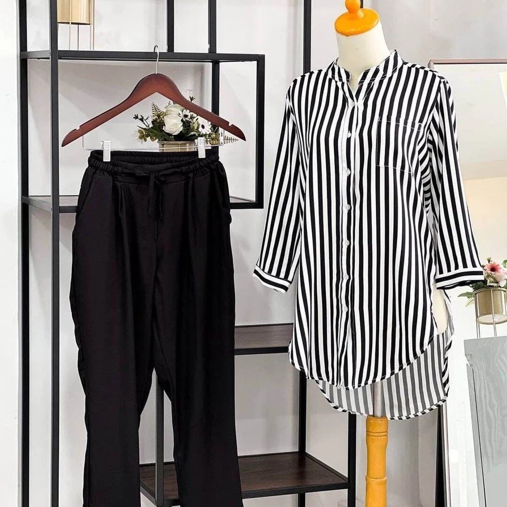 Blouse Wanita Garis-Garis Lengan 3/4 Long Tunic Atasan Kemeja Stripes Kerah Sanghai Wanita