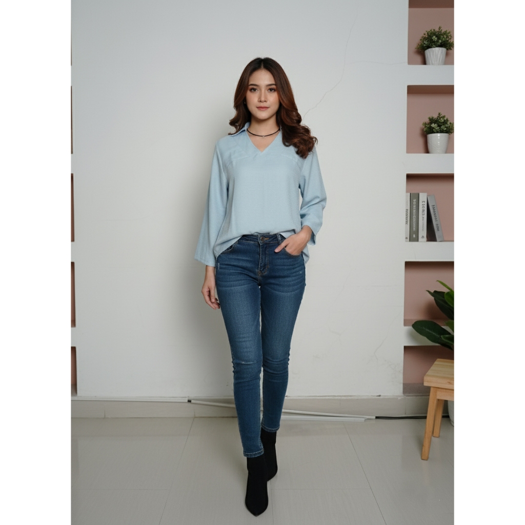 Kemeja Blouse Polos V-Neck Kerah Lapel - Baju Atasan Kerja Wanita