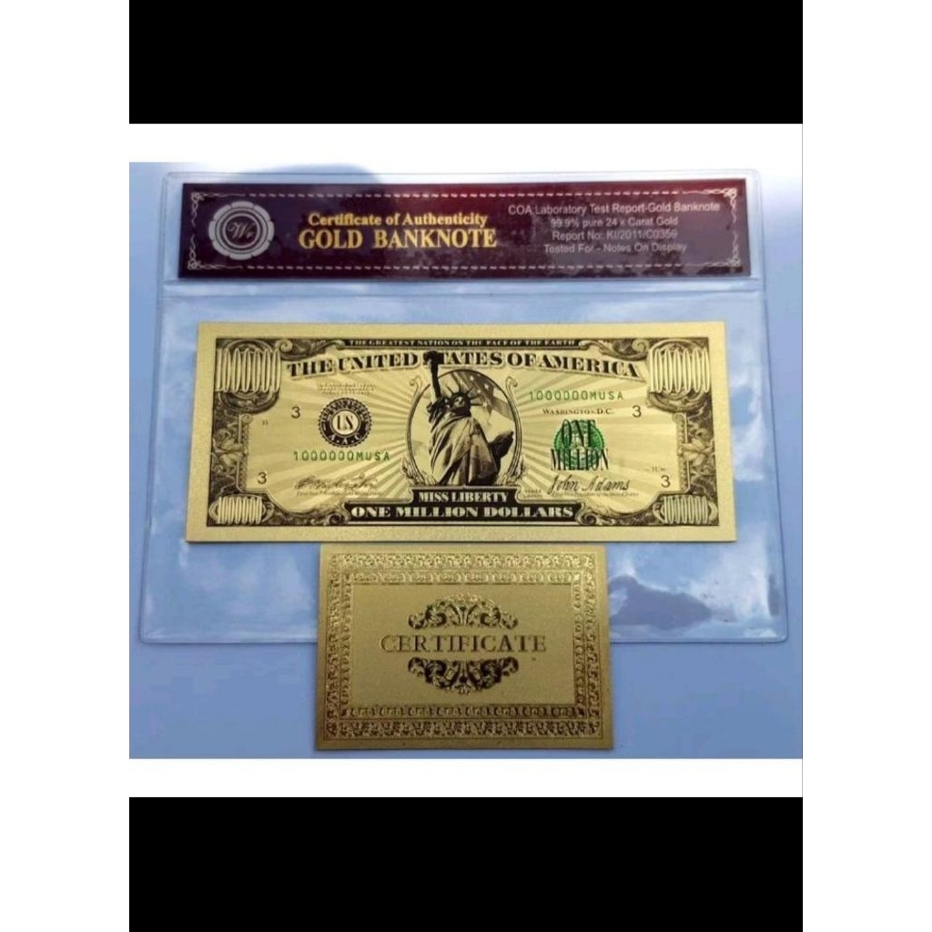 Souvenir uang 1000000 dollar Gold Foild berFolder + Sertificate - Souvenir pernikahan & Koleksi - Sk