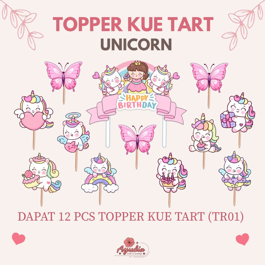 TR01 - Topper Unicorn / Topper Kue Ulang Tahun / Topper Cake Tart Happy Birthday / Dekorasi Kue Ulan