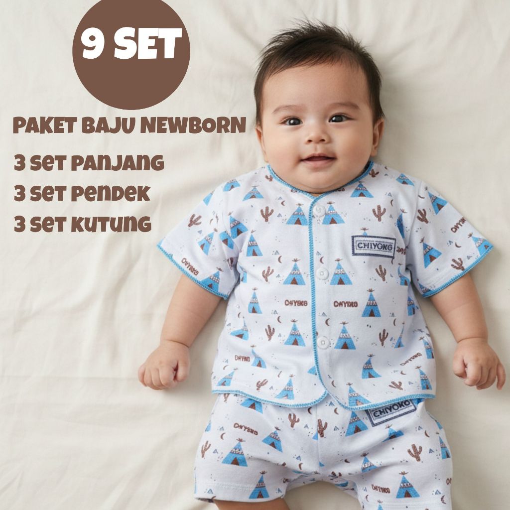 18 Pcs Paket Hemat Baju Bayi Biru Series Chiyoko Kekinian 9 Set Chiyo 0-3 bulan