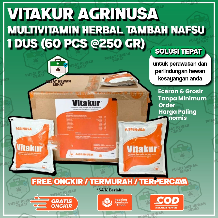 VITAKUR AGRINUSA 1 DUS (60 PCS @250 GR) Multivitamin Herbal Ayam Naikkan Nafsu Makan, BB Optimal & K