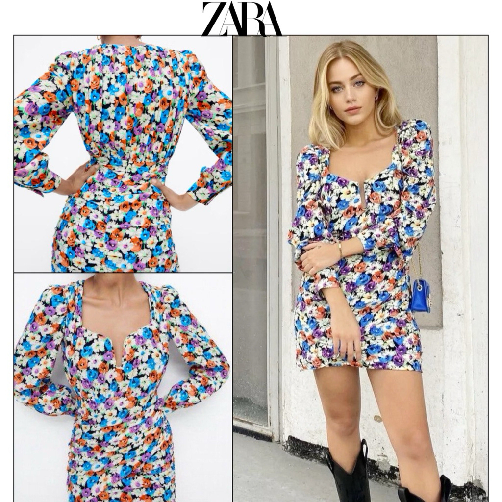 ZARA Branded Original Beautiful Dress Pressbody Bodycon Long Sleeve Ruched Floral Multicolored Strec