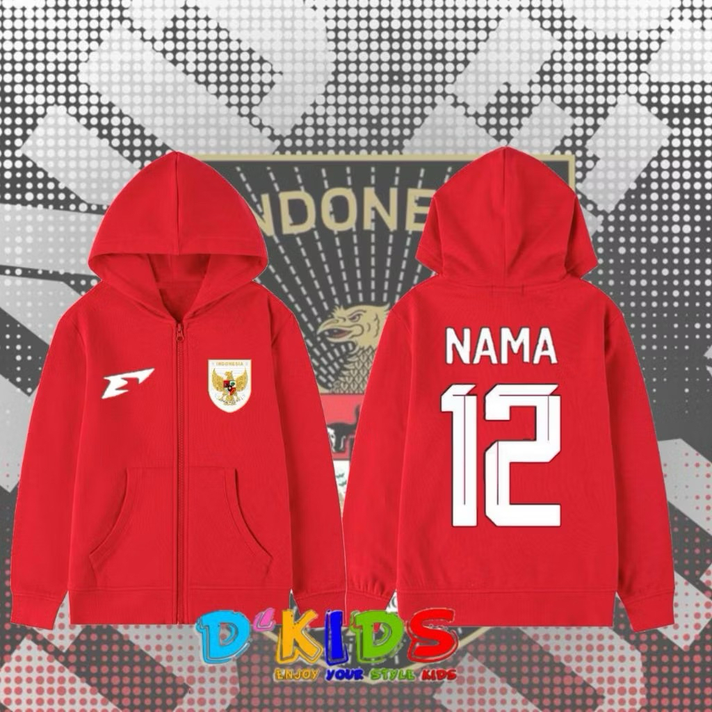 Jaket Zipper Resleting Hoodie Anak laki laki Timnas Indonesia/Jaket anak Bola Timnas Terbaru Gratis 