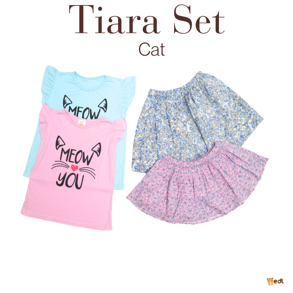 EDL Baby - Setelan Rok Pendek Tangan Pendek Anak Perempuan Ungu Biru Pink Katun Motif /Tiara set