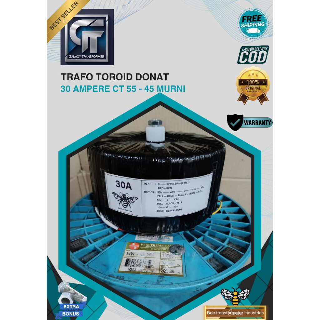trafo toroid donat 30A CT 55V - 45V murni
