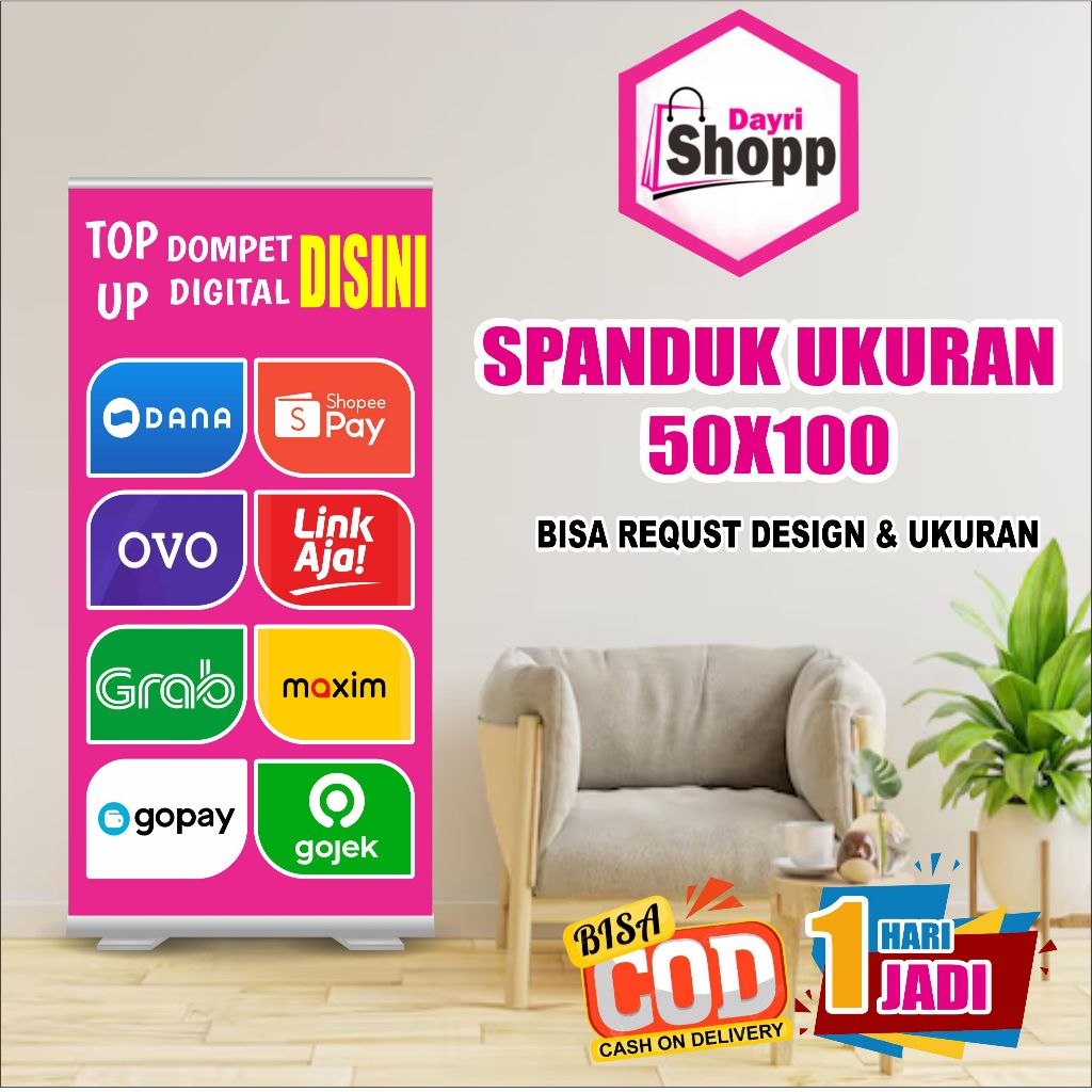 Spanduk Banner Size 50x100cm Top Up E WalletFree Custom