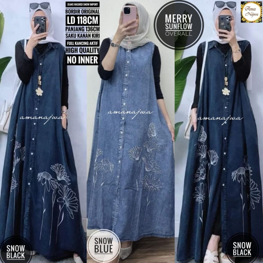 MERRY SUNFLOW DRESS OVERALL KUNTUNG JEANSWASH SNOW IMPORT DENGAN APLIKASI BORDIR BUNGA TANPA INNER