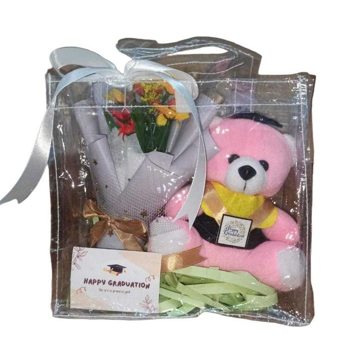 Hampers Boneka Wisuda / Kado Wisuda Tas Mika dan Buket Bunga Pink Biru buket  wisuda