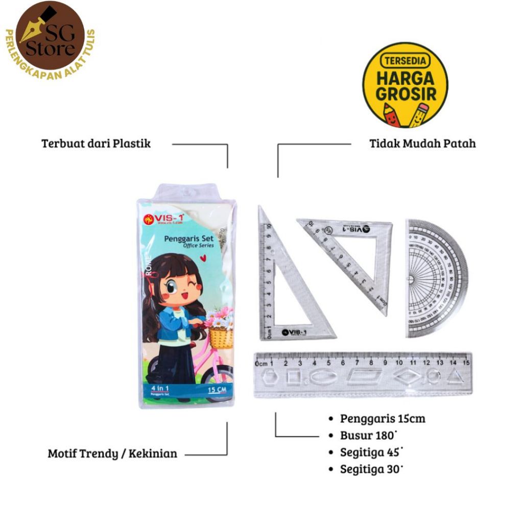 Satu set (4 Penggaris) Penggaris Set tebal Lucu / Penggaris Set 4 In 1