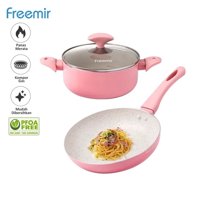 Freemir Set 2in 1 Teflon / Wajan 20cm + Panci 18cm Aluminium Pink Anti Lengket