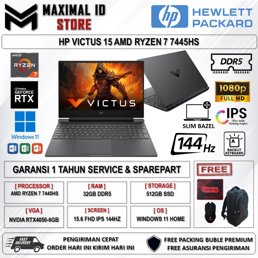 Laptop Gaming Hp Victus 15 AMD Ryzen 7 - 7445HS Nvidia RTX4050 Ram 32GB 144Hz Windows 11 Black