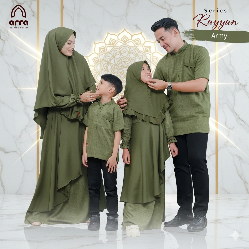 Sarimbit Baju Koko dan Gamis Couple Ayah Ibu dan Anak Pasangan Keluarga Muslim Rayyan Army