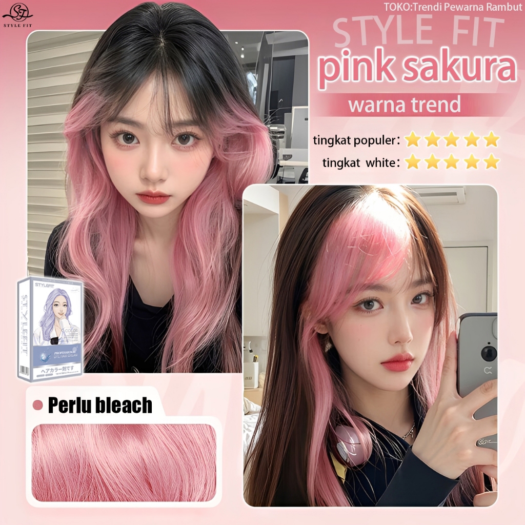 Cerah tahan lama】 STYLE FIT pink sakura cat rambut 200ml, warna trend(pewarna rambut,bleaching rambu
