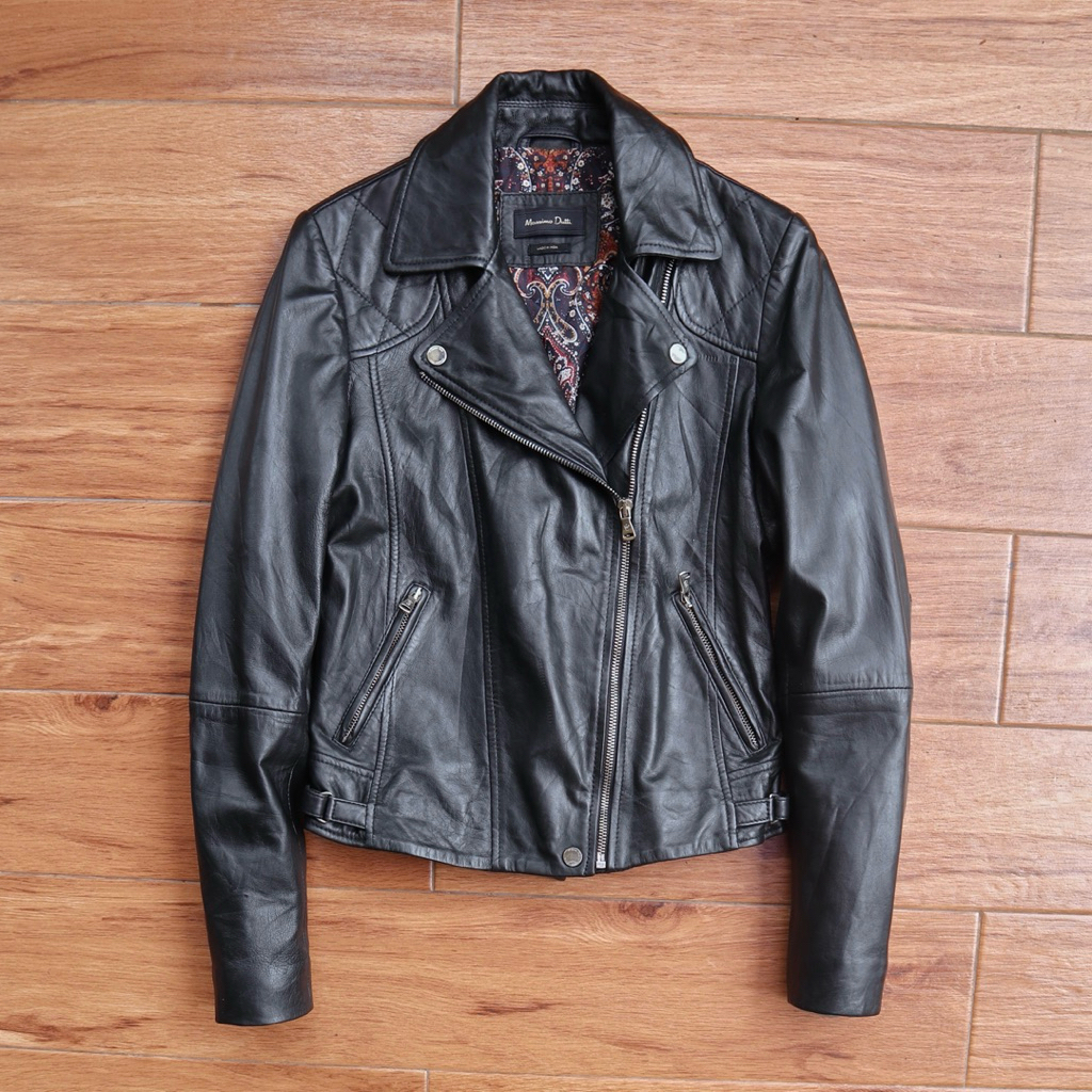 MASSIMO DUTTI kulit domba Jaket kulit asli biker ramones cewek cropped rider jaket motor crop wanita