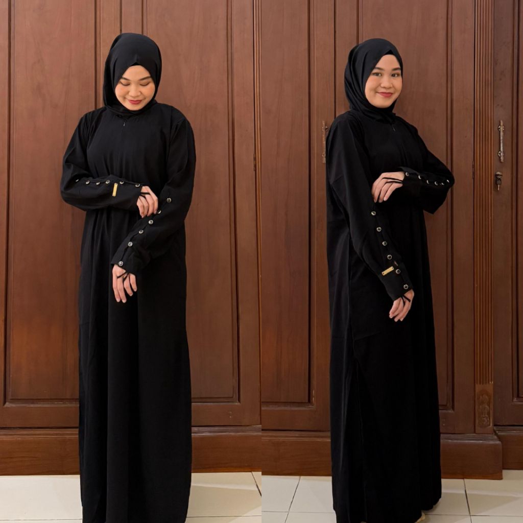 Abaya Hitam Polos Jannata Gamis Kancing Wanita Dress Umroh Baju Lebaran Maxi