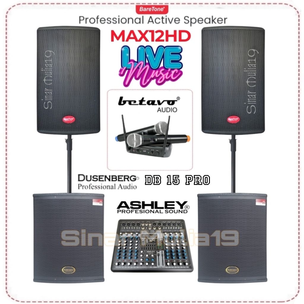 Paket Sound System Speaker Aktif 12 Inch BareTone MAX12HD Subwoofer Aktif 15 Inch Dusenberg dB 15 PR