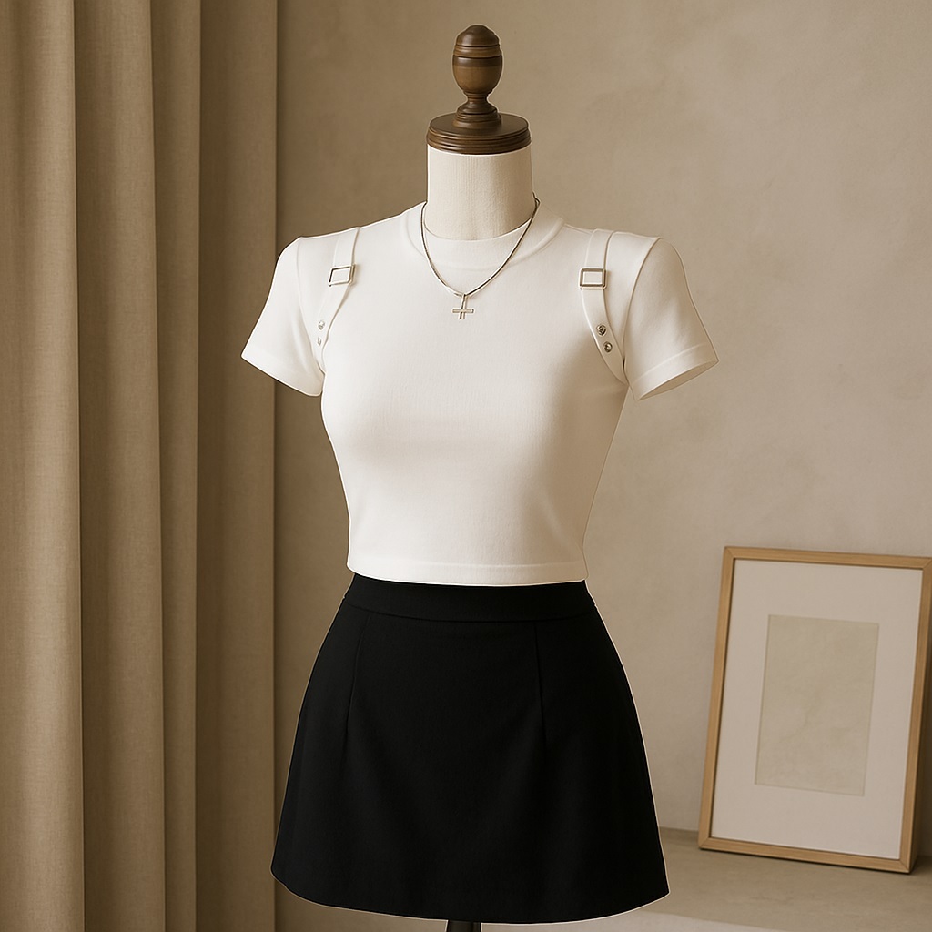 [Hallyu] Tshirt Crop Baju Wanita Variasi Tali Gesper Knit Premium | Baju Wanita Tali Gesper Lengan P