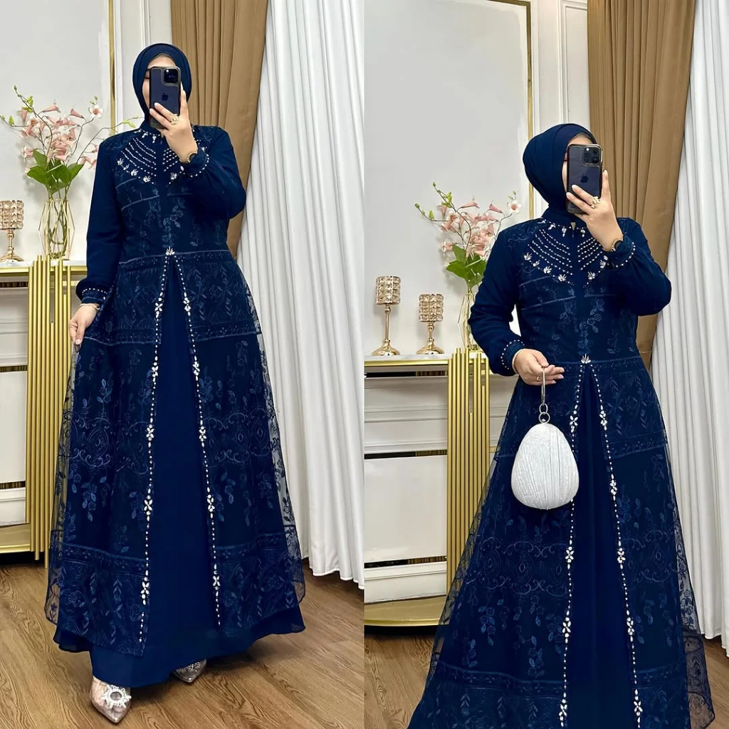 Aqila Dress Gamis Kondangan Mewah Elegan Bahan Ceruty Babydoll Mix Brukat Aplikasi Payet Busui