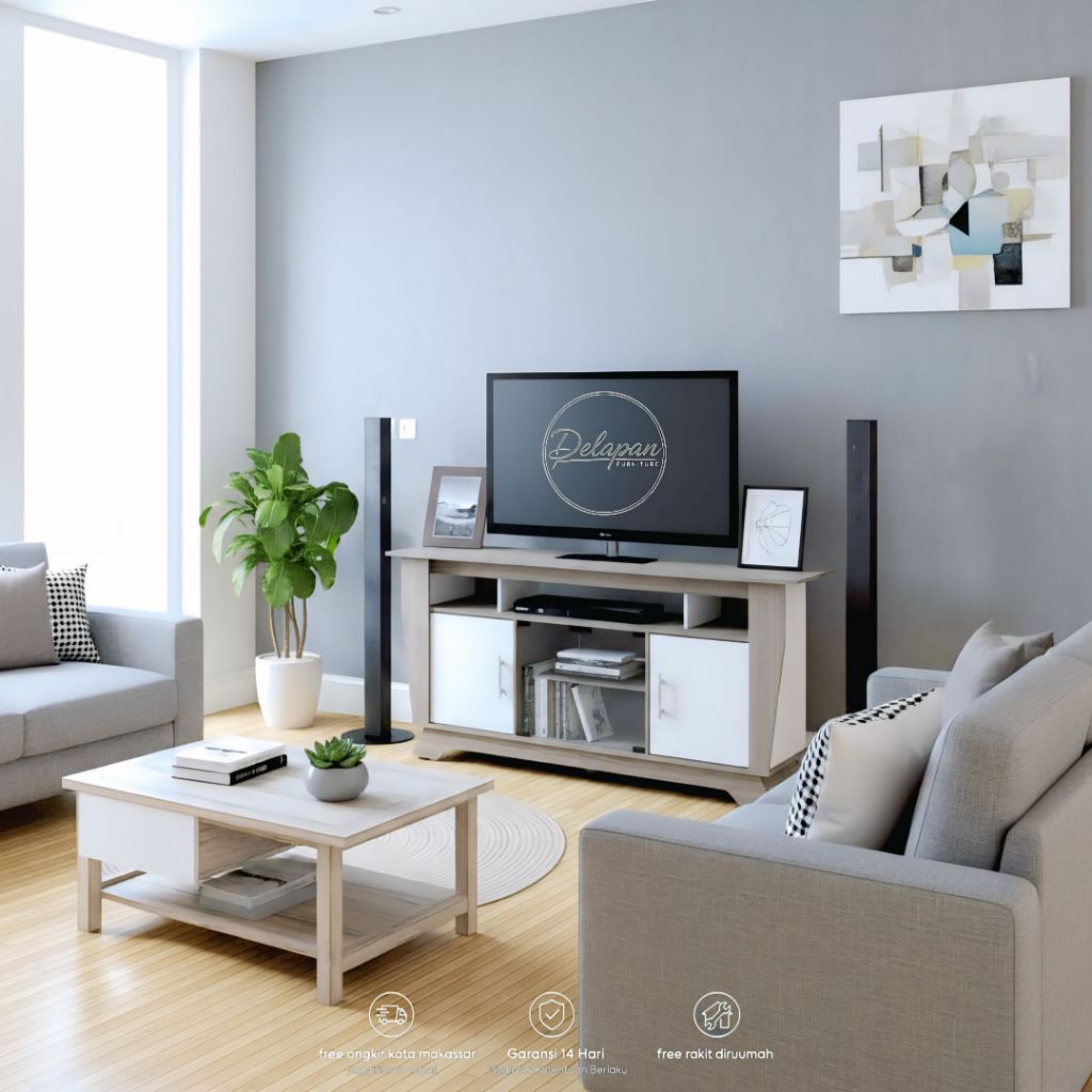 Rak TV Minimalis Modern San Marino Putih 150cm – VAREN TVR 301, Meja TV Kayu Ruang Tamu Kabinet Peny