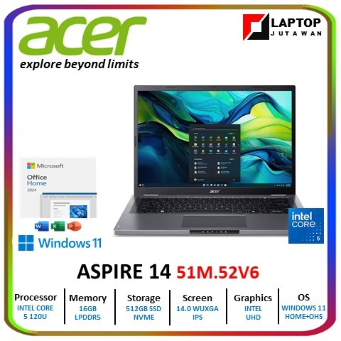 Acer Aspire 14 Core i5 120U 16GB 512GB Win11+OHS 14.0WUXGA IPS GRY -51M.52V6