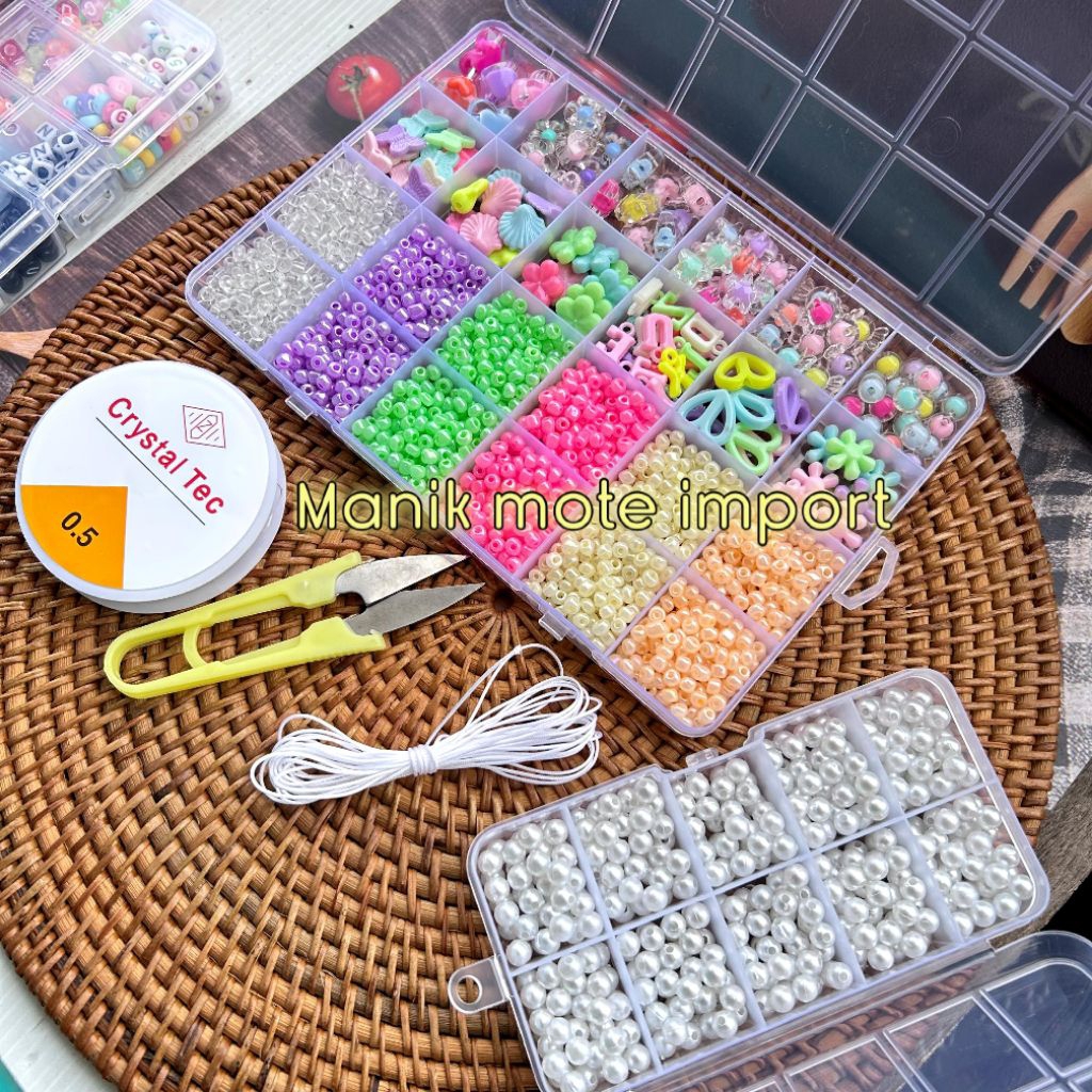 Paket Hemat 2Box (sekat24+Sekat10) Manik Mote Pasir 6.0 4mm+Toping Bonus Senar 1Roll +Tali giok 1met