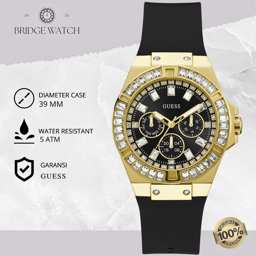 Jam Tangan Wanita Guess GW0118L1 Original Analog Day Date Chronograph Black Gold Rubber Strap Silico