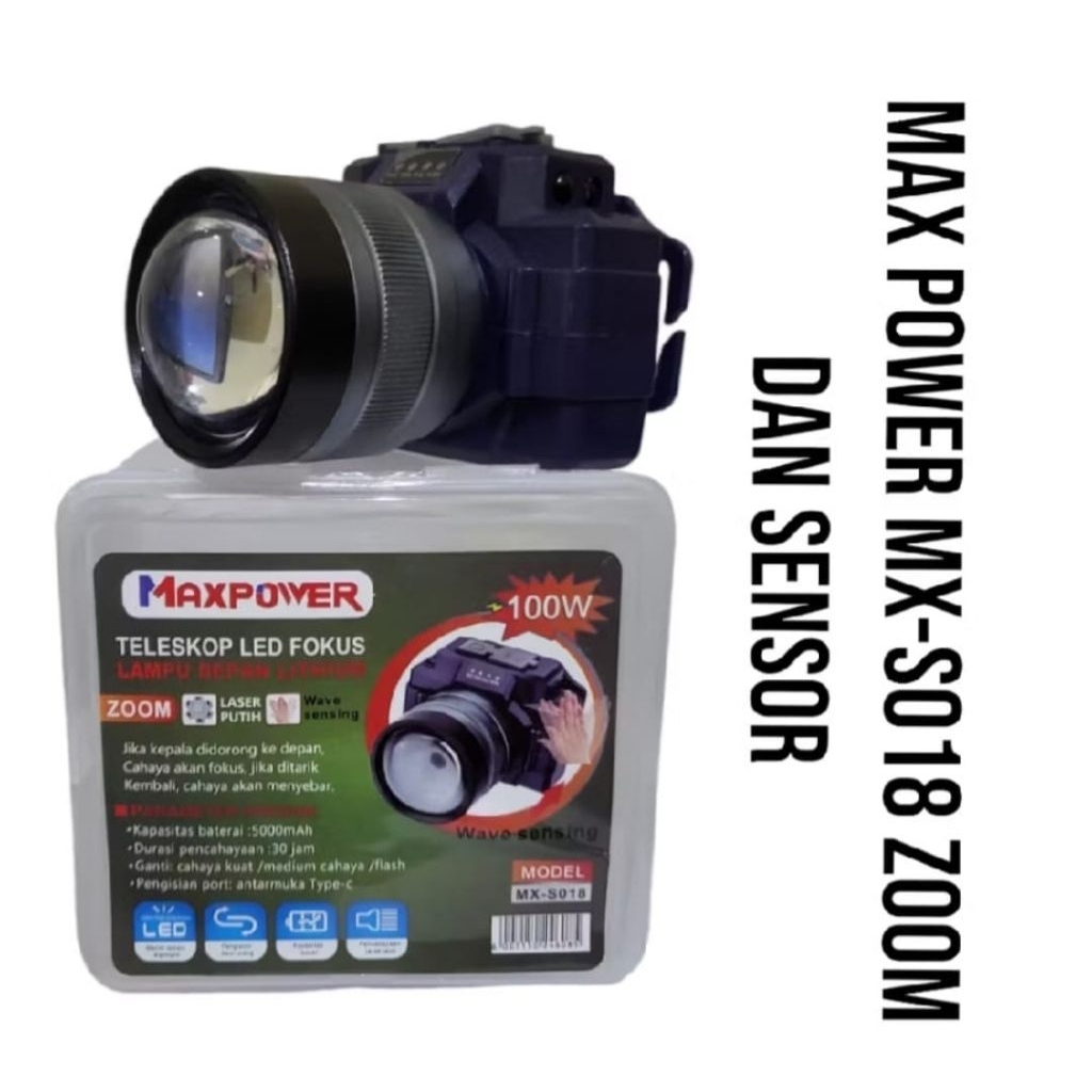 Senter Kepala Zoom LED Laser Rechargeable 3 Mode MAXPOWER