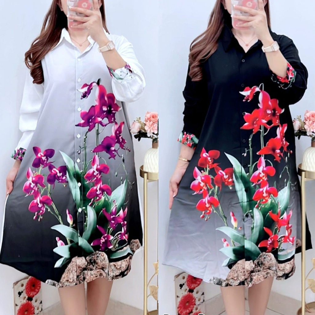 5649 KEMEJA TUNIK SILK MOTIF BUNGA LD120 WANITA|TUNIK JUMBO|TUNIK LD120|TUNIK BAHAN SILK