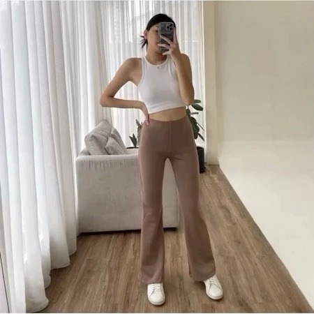 Flare Pants Celana Kulot Scuba Premium Terbaru Kekinian Size M L XL XXL Highwaist Warna Hitam Terlar