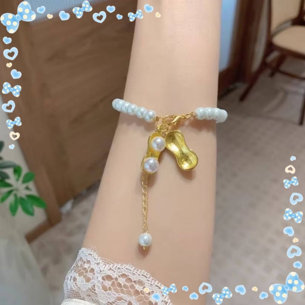 Gelang Wanita Giok Mutiara Imitasi Pembawa Keberuntungan Adjustable Motif Kacang Emas GL-103